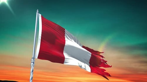 Realistic Peruvian Flag Waving Against Dramatic Sunset Sky