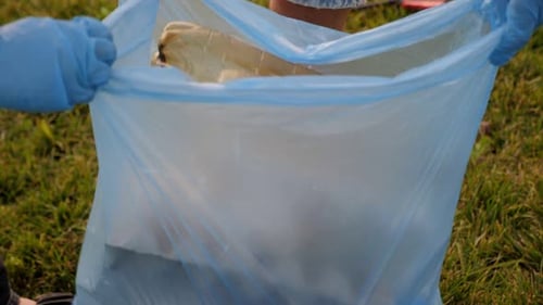 People Cleaning up Trash in Grass with Blue Gloves