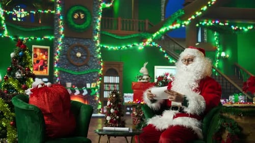 Man Dressed As Santa Claus Character Opening Letter Received From Kids