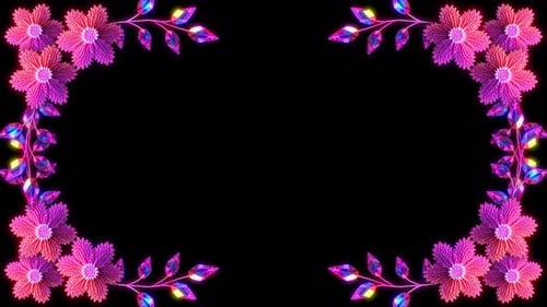 Animated Floral Frame with Glowing Jewel Leaves on Black Background Vibrant Pink