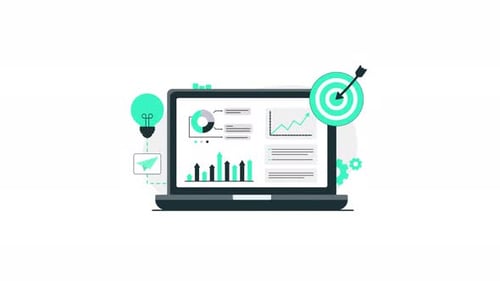 4k Business Graph on Laptop and Goal Arrow. Marketing Dashboard Concept Animation Video