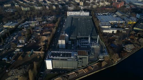 Data center building server cooling infrastructure. Perfect aerial view drone