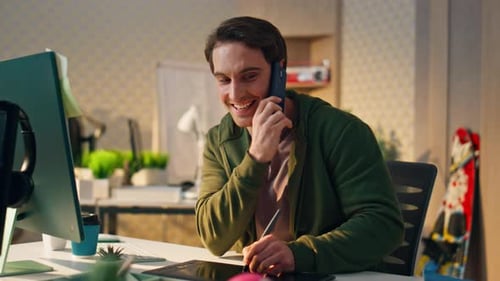 Cheerful Man Speaking Phone Call Office Close Up Happy Creator Drawing Tablet