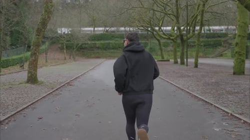 Runner jogging on park road lined with trees