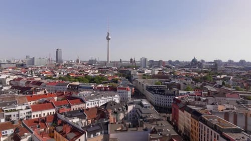 Aerial View of Central Berlin Germany Showcasing the Iconic Fernsehturm Television Tower on