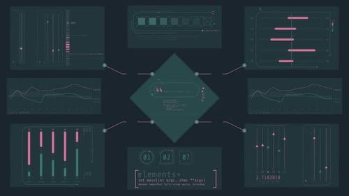 Pantalla animada con múltiples gráficos que muestran el procesamiento de datos