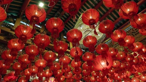 Illuminated Red Chinese Lanterns Decorative Display