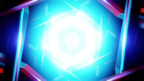 Hexagonal Neon Tunnel VJ Loop with Rotating Cyan Beams and Red Star Core