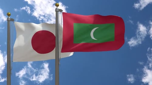 Japan And Maldives Flags Waving In Realistic 3D Animation