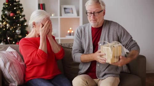 Senior couple exchanging Christmas gift on sofa at home
