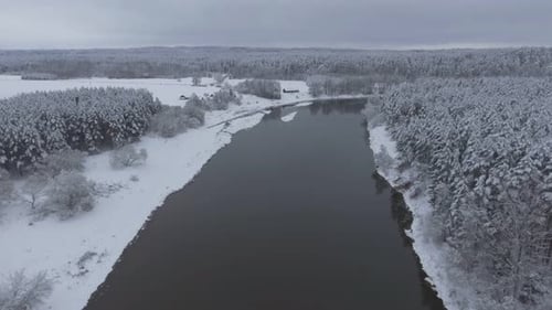 Snow Covered Forest and the Winding River During Snowy Winter. Aerial Flying Low Forward.