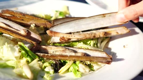 palourde de mer grillée à la main sur une assiette blanche avec de la laitue