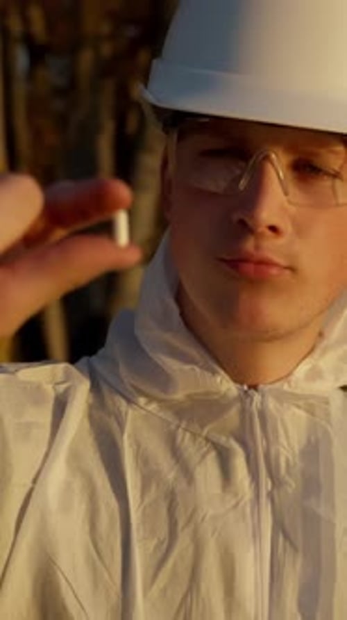 Young Man Holding Pill Wearing Protective Gear