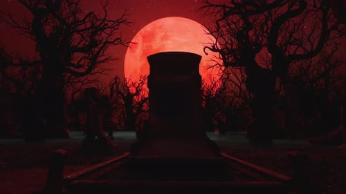 Spooky Graveyard and Dark Forest Silhouetted by a Massive Red Blood Moon