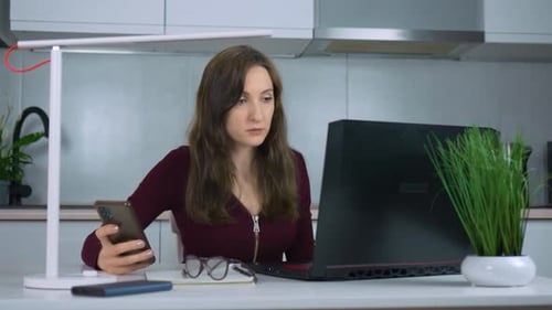 Woman Works at Laptop Computer in Home Office
