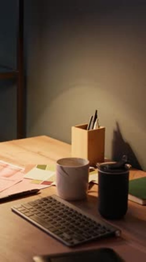 Work table with Stationery and Cups of Coffee
