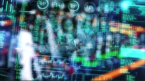 Pantalla frontal futurista que muestra el mapa de la ciudad y el análisis de datos