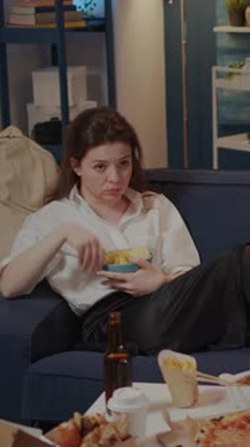 Vertical Video Young Woman Laying on Couch Holding Bowl of Chips