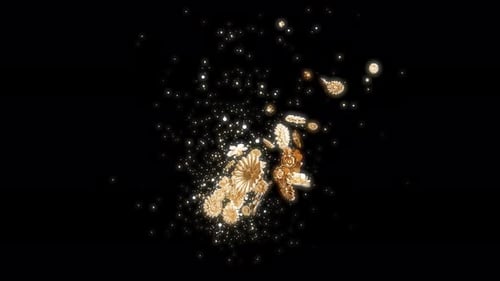 Conceptual 3D animation of flying golden flowers motion design