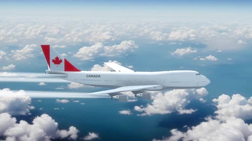 Canadian Airplane Flight Over Clouds and Ocean Realistic 3D Animation