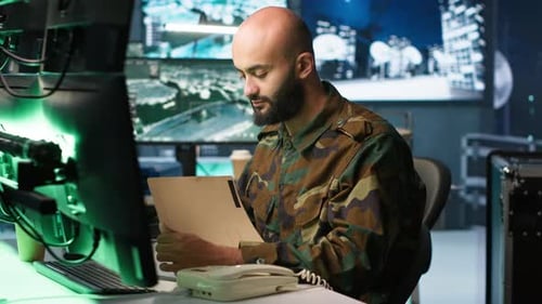 Man Works at Desk in Futuristic Environment