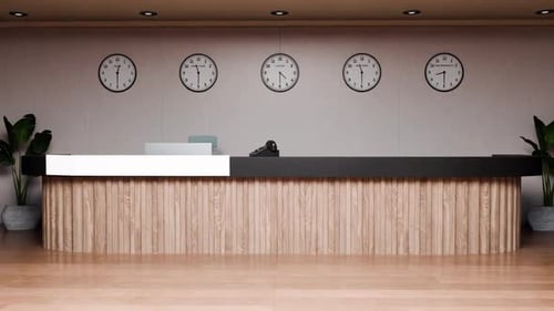 Modern Office Reception Desk with World Time Clocks Animation