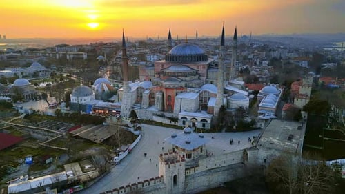 Aerial drone view of Istanbul at sunset, Turkey. Hagia Sophia with gardens in front of it, cityscape