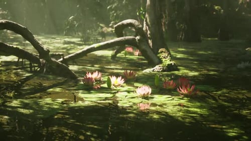 Lush Water Lilies Bloom on a Serene Pond Surrounded By Dense Greenery