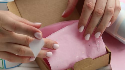 Woman putting sticker onto packaging in cardboard box at white wooden table, closeup