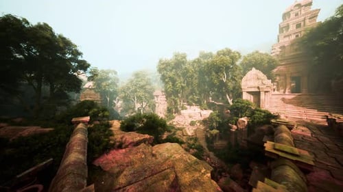 Serene Morning Light Illuminates Ancient Stone Terraces and Lush Green Canopy