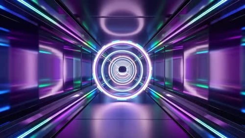 Futuristische Science-Fiction-Neon-Tunnelschleife, die sich durch 3D-Cyberpu bewegt