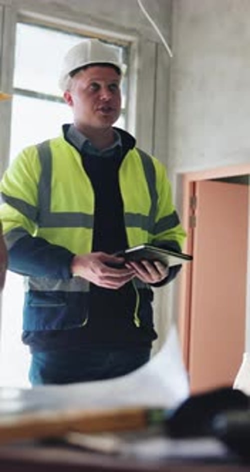 Man, tablet and team with planning at construction site, talk or advice for real estate development