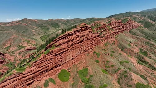 Aerial view of red rock formations, Kyrgyzstan.