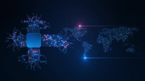 Glowing Digital Microchip Processor Global Network Map Circuit Connections World Map 3D Global