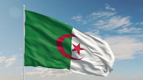 Realistic Waving Flag of Algeria Against Blue Sky