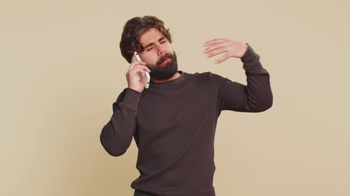 Animated Man Talking on Phone in Studio Setting