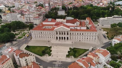 Main Facade Of Sao Bento Palace - Palace of Saint Benedict In Lisbon, Portugal. - aerial