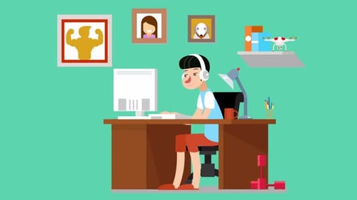 Animated Flat Design Man Working at Desk with Computer
