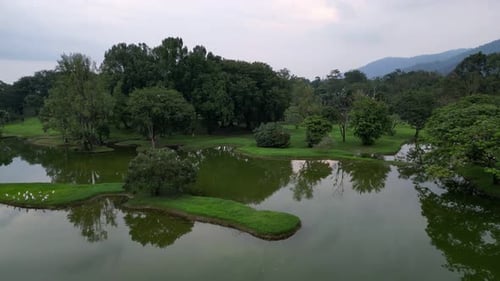 A pond with trees and a mountain in the background. Aerial view Taiping Lake