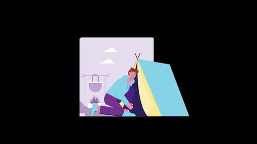 Animated Flat Design Illustration of Person Setting Up Tent