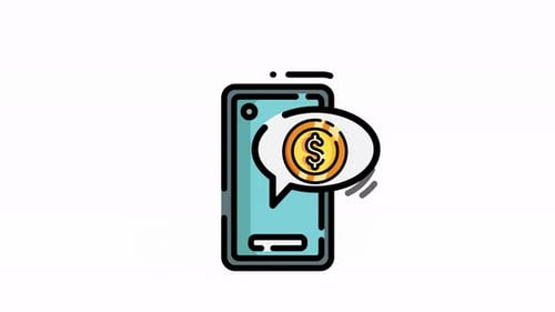 Mobile phone with money notification flat line icon animation isolated alpha channel video