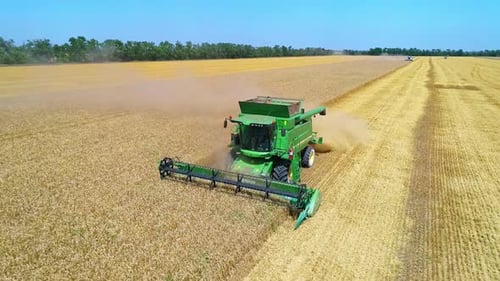 Aerial View of Farm Machine Harvesting Ripe Crops in the Golden Field in Gathering Season