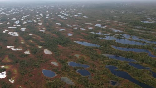 Wide swamp landscape with small ponds, for peat industry, aerial