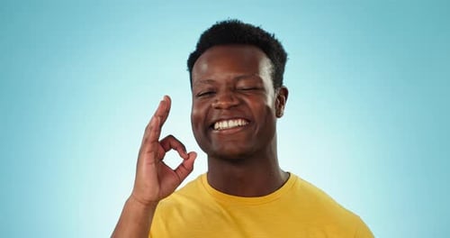 Okay, face and man wink in studio for vote, certified feedback and review on blue background