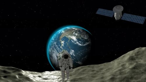 Astronaut Walking on Moon Surface with Earth and Satellite View