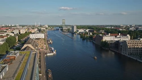 Aerial view of residential buildings on the bank of spree river , Berlin