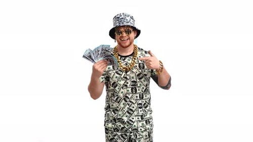 Crazy Rich Man in White Background Portrait in Studio Happy Male Millionaire with Money in Hands