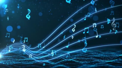 Blue Glowing Musical Notes on Digital Wavy Staffs Background