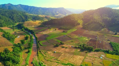 Drones are flying above countryside landscape