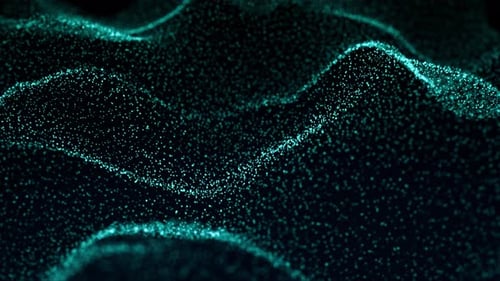 Animación abstracta oscura de elegantes ondas dispersas hechas de partículas azules brillantes sobre un fondo negro